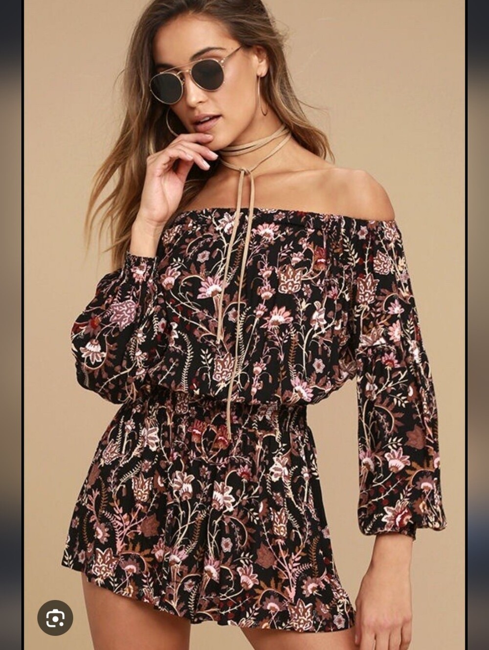 Free People Black Floral Romper with‎ Pink & Brown Accents